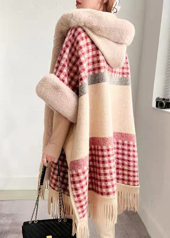 Plaid Hooded Tasseled Patchwork Warm Fleece Cape Coat Half Sleeve Yw017