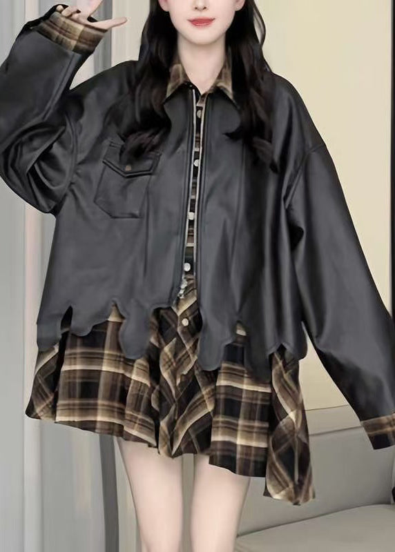 Plaid Patchwork False Two Pieces Faux Leather Coat Spring Ty004