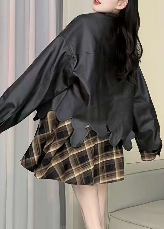 Plaid Patchwork False Two Pieces Faux Leather Coat Spring Ty004