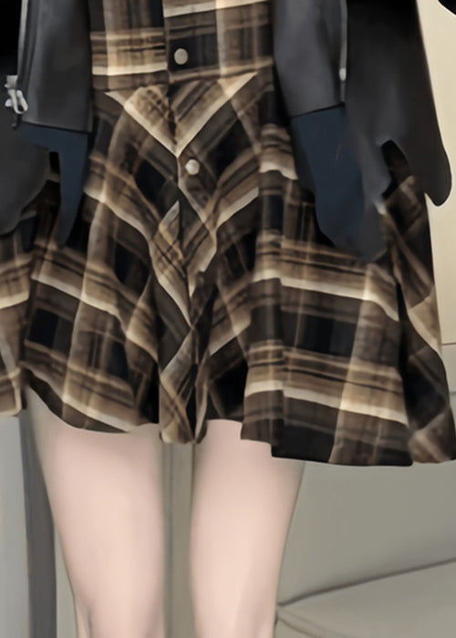 Plaid Patchwork False Two Pieces Faux Leather Coat Spring Ty004