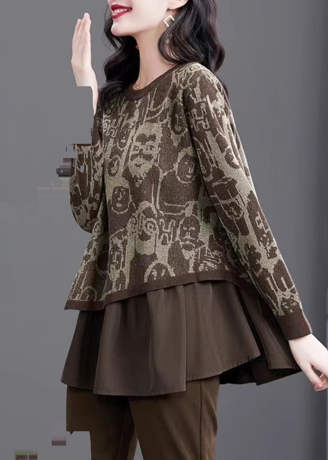 Print Fake Two Pieces Cotton Knit Sweater Winter Te028