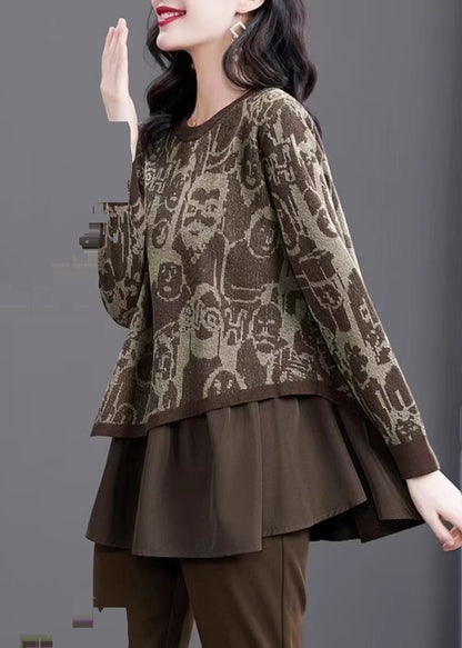 Print Fake Two Pieces Cotton Knit Sweater Winter Te028