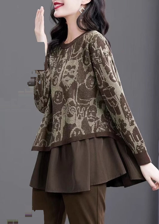 Print Fake Two Pieces Cotton Knit Sweater Winter Te028