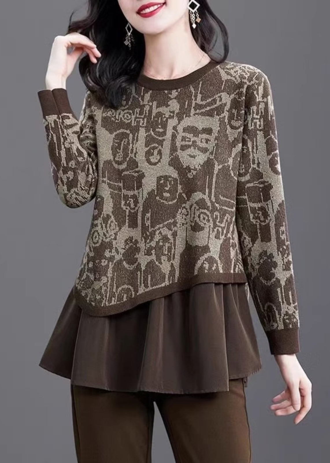 Print Fake Two Pieces Cotton Knit Sweater Winter Te028