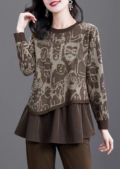 Print Fake Two Pieces Cotton Knit Sweater Winter Te028