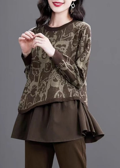 Print Fake Two Pieces Cotton Knit Sweater Winter Te028