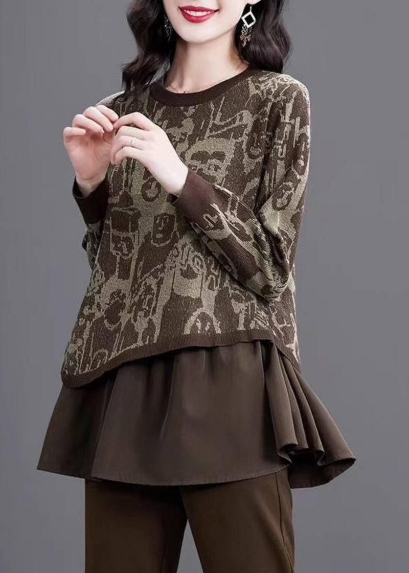 Print Fake Two Pieces Cotton Knit Sweater Winter Te028