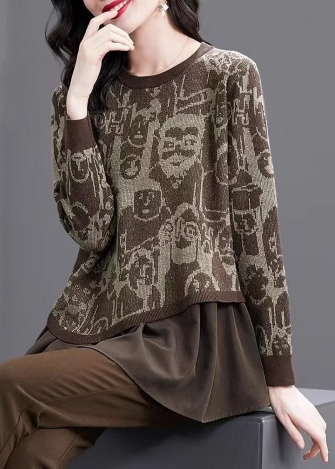 Print Fake Two Pieces Cotton Knit Sweater Winter Te028