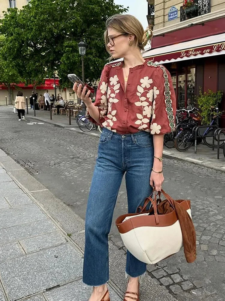 Printed O Neck Short Sleeve Loose Blouse