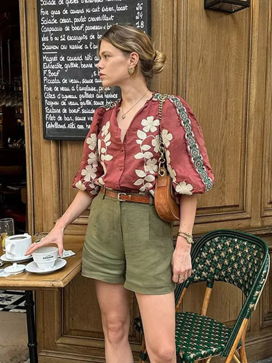 Printed O Neck Short Sleeve Loose Blouse
