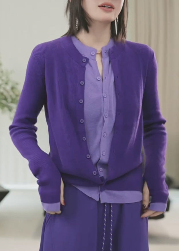 Purple O-neck Button Fake Two Pieces Cotton Knit Sweater Winter Rd018