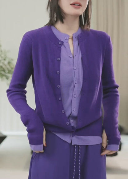 Purple O-neck Button Fake Two Pieces Cotton Knit Sweater Winter Rd018