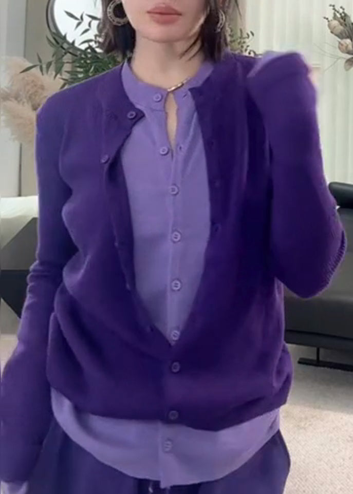 Purple O-neck Button Fake Two Pieces Cotton Knit Sweater Winter Rd018