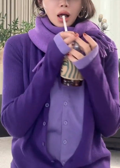 Purple O-neck Button Fake Two Pieces Cotton Knit Sweater Winter Rd018