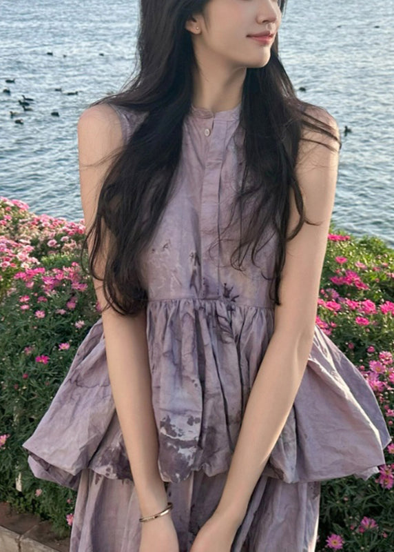 Purple O-neck Ruffled Patchwork Wrinkled Maxi Dresses Summer Uu1057