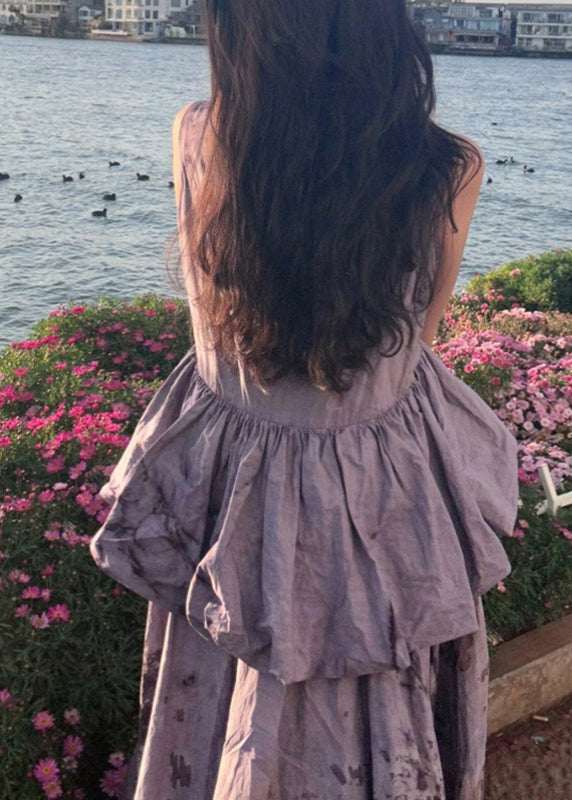 Purple O-neck Ruffled Patchwork Wrinkled Maxi Dresses Summer Uu1057