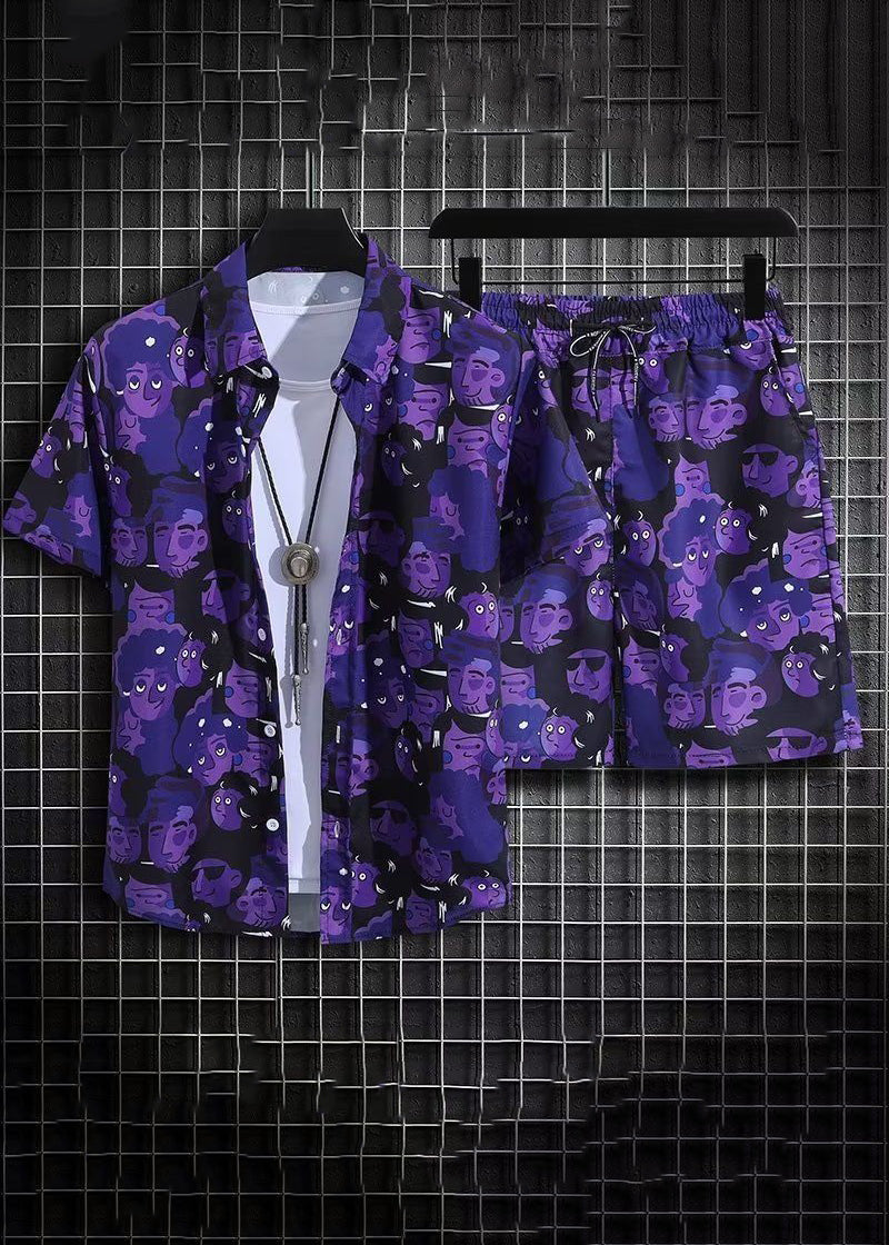 Purple Print Shirt and Shorts Ice Silk Two Pieces Set Summer Hg047