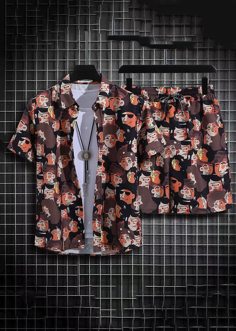 Purple Print Shirt and Shorts Ice Silk Two Pieces Set Summer Hg047