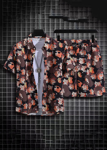Purple Print Shirt and Shorts Ice Silk Two Pieces Set Summer Hg047