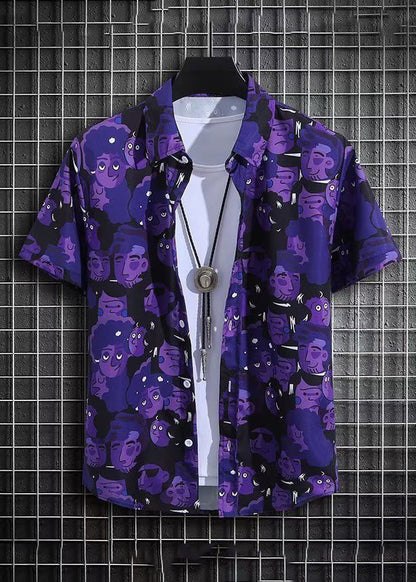 Purple Print Shirt and Shorts Ice Silk Two Pieces Set Summer Hg047
