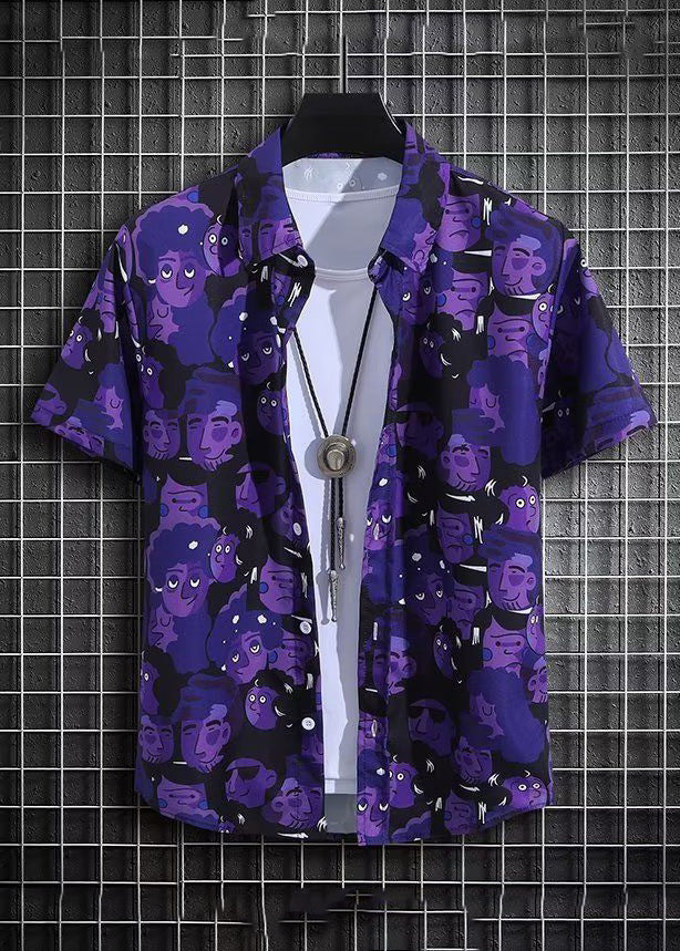 Purple Print Shirt and Shorts Ice Silk Two Pieces Set Summer Hg047