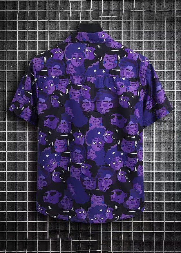 Purple Print Shirt and Shorts Ice Silk Two Pieces Set Summer Hg047