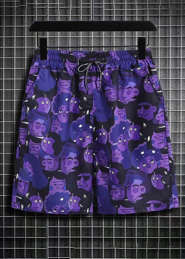 Purple Print Shirt and Shorts Ice Silk Two Pieces Set Summer Hg047