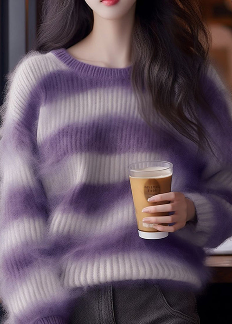 Purple Striped Cozy Ma Hai Mao Sweaters Fall Qi001