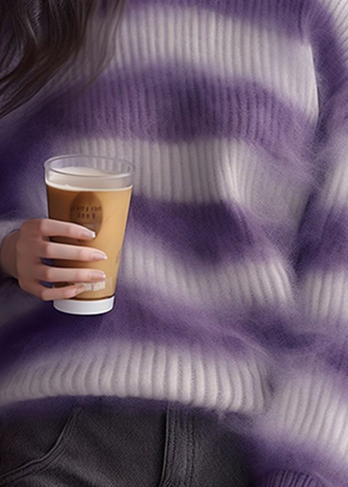 Purple Striped Cozy Ma Hai Mao Sweaters Fall Qi001