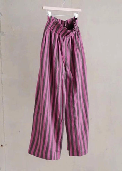 Purple Striped Elastic Waist Cotton Wide Leg Pants Summer Ap045
