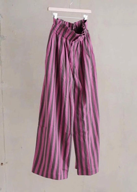 Purple Striped Elastic Waist Cotton Wide Leg Pants Summer Ap045