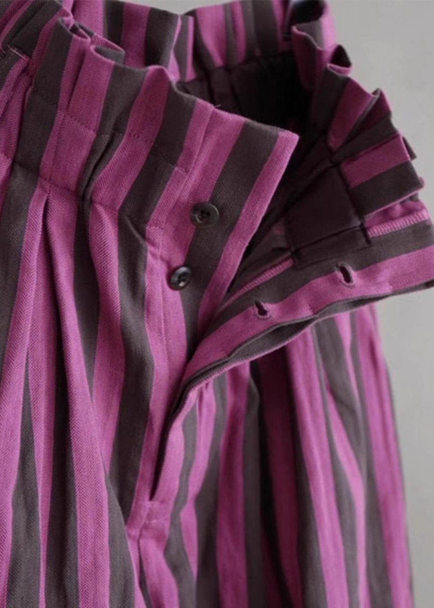 Purple Striped Elastic Waist Cotton Wide Leg Pants Summer Ap045