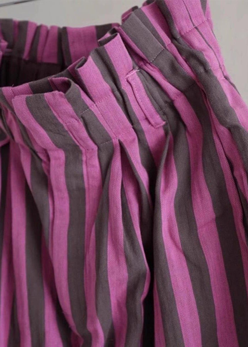 Purple Striped Elastic Waist Cotton Wide Leg Pants Summer Ap045