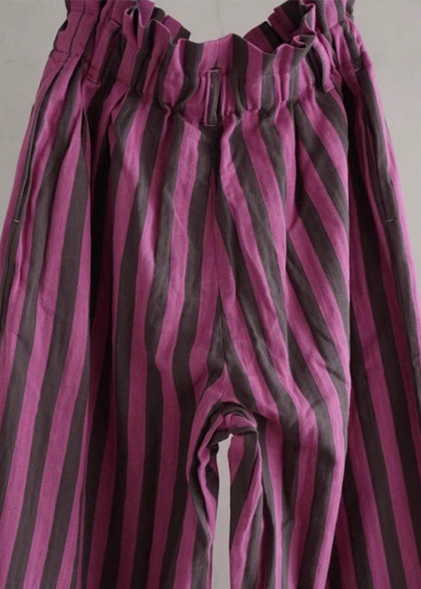 Purple Striped Elastic Waist Cotton Wide Leg Pants Summer Ap045