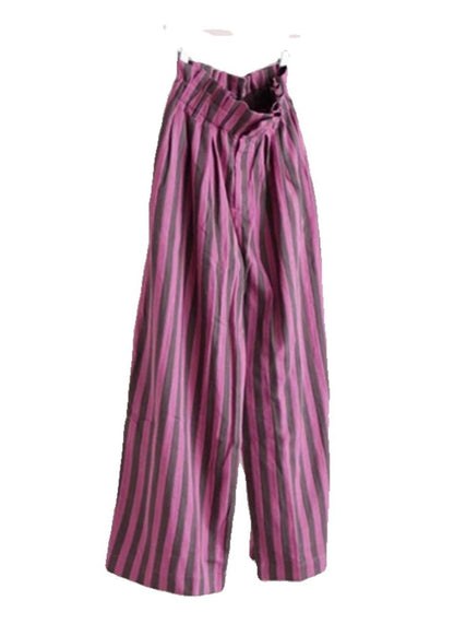 Purple Striped Elastic Waist Cotton Wide Leg Pants Summer Ap045