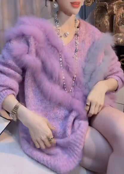 Purple V Neck Patchwork Thick Cozy Cotton Knit Sweater Winter Rk003