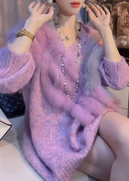 Purple V Neck Patchwork Thick Cozy Cotton Knit Sweater Winter Rk003