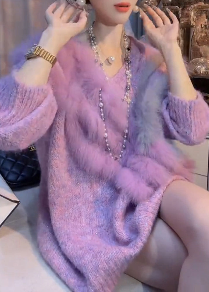 Purple V Neck Patchwork Thick Cozy Cotton Knit Sweater Winter Rk003