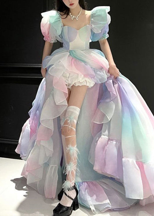 Rainbow Bustier Top Asymmetrical Patchwork Tulle Long Dress Puff Sleeve Rp017