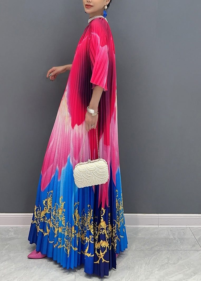 Red Blue Patchwork Print Sashes Maxi Dresses Half Sleeve Ao1041
