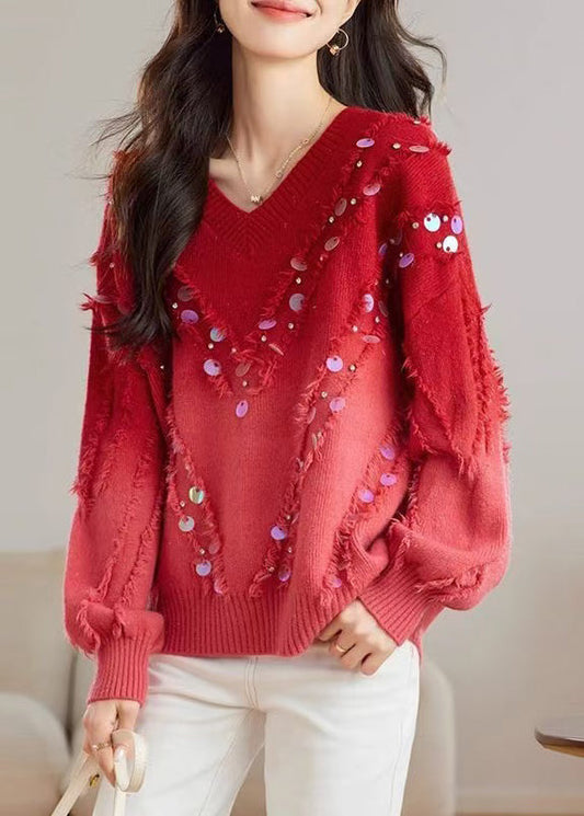 Red Gradient V Neck Tassel Sequins Knit Sweater Tops Spring Tq002