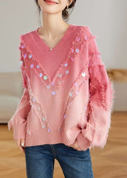 Red Gradient V Neck Tassel Sequins Knit Sweater Tops Spring Tq002