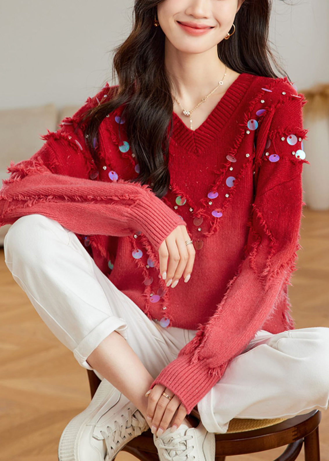 Red Gradient V Neck Tassel Sequins Knit Sweater Tops Spring Tq002