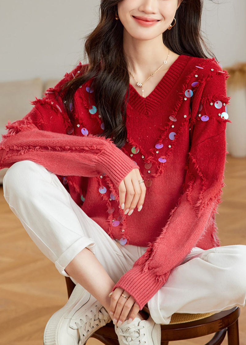Red Gradient V Neck Tassel Sequins Knit Sweater Tops Spring Tq002