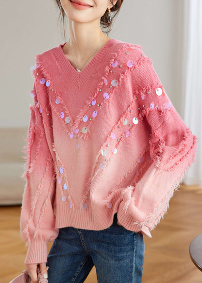 Red Gradient V Neck Tassel Sequins Knit Sweater Tops Spring Tq002