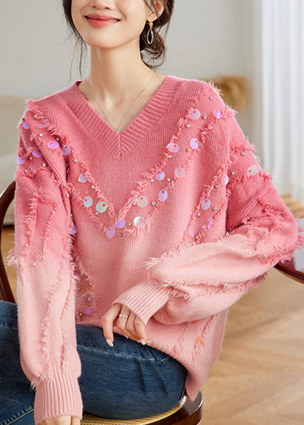 Red Gradient V Neck Tassel Sequins Knit Sweater Tops Spring Tq002