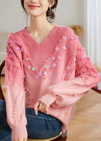 Red Gradient V Neck Tassel Sequins Knit Sweater Tops Spring Tq002