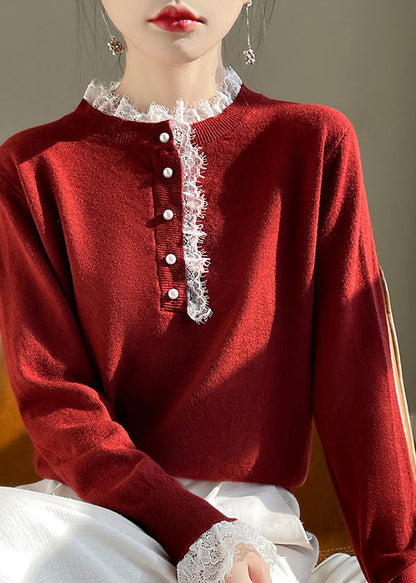 Red Lace Patchwork Wool Knit Sweaters Fall Qp065