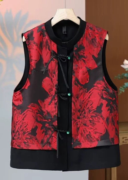 Red O Neck Print Button Silk Waistcoat Sleeveless Qo059