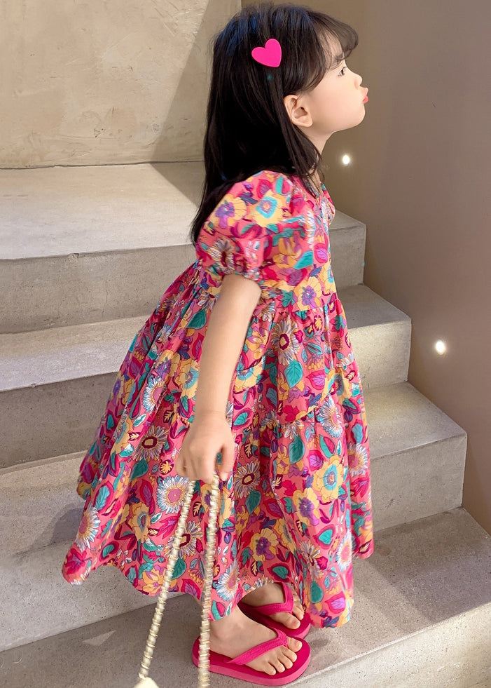 Red O Neck Print Cotton Long Dress Short Sleeve Ew054